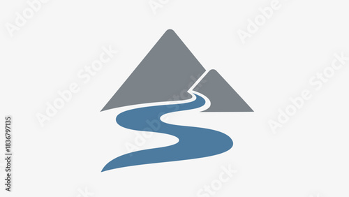 Minimalist Vector Illustration of Mountains and a Winding River. Nature Landscape Graphic for Outdoor, Environment, and Travel Concepts.