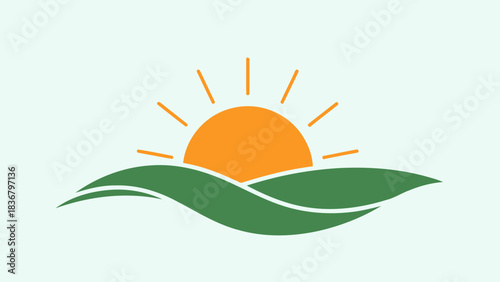 Minimalist graphic vector illustration of a stylized sunrise or sunset over green rolling hills, symbolizing nature and new beginnings.