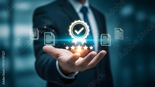Business professional presenting digital quality assurance and data security concept