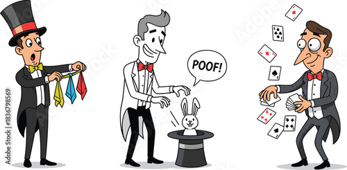 Cartoon vector illustration of magicians performing tricks with magic hat, rabbit, cards, and colorful scarves, entertaining show, stage performance fun.