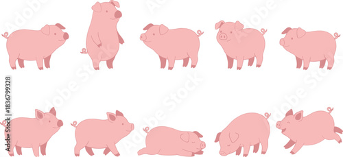 Adorable Set of Cute Pink Cartoon Pig Characters in Different Poses, Including Standing, Sleeping, and Running, Isolated Vector Graphic Illustration.