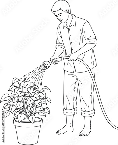 Black and White Outline Drawing of a Man Watering a Potted Houseplant with a Garden Hose and Nozzle, Illustrating Gardening and Home Care.