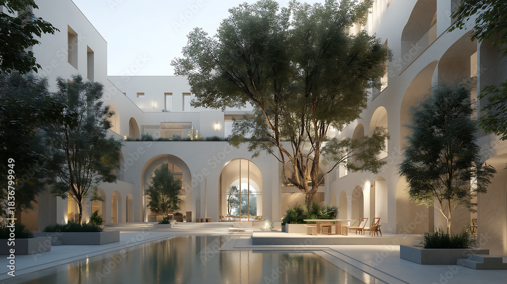 Obraz premium Cloud Dancer A serene and modern architectural oasis featuring a tranquil pool and lush greenery Colour of the Year 2026