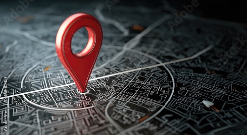 A 3D rendering of a red location pin on a stylized, dark map background