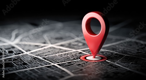 A red location pin on a dark, detailed map with blurred background