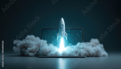 A rocket launching from a laptop screen, surrounded by clouds