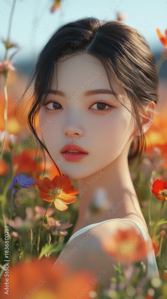 Naklejka premium Young Woman Surrounded by Vibrant Flowers in a Bright Outdoor Setting under a Clear Blue Sky