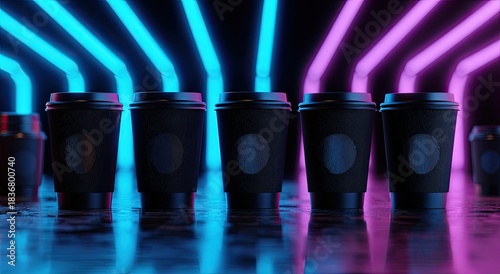Row of black disposable cups illuminated by neon light