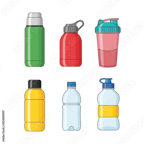 Variety of Reusable Water Bottles and Sport Shakers - Vector Icon Set