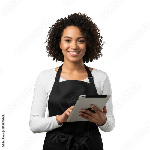 Wallpaper Mural Smiling waitress holding tablet wearing apron isolated on white isolated on transparent background Torontodigital.ca