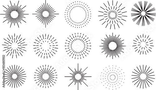 Line starburst. Firework, round sunburst, retro linear radial frame, fireworks burst. Vintage sun rays or star sparkles, explosion black and white line art illustration