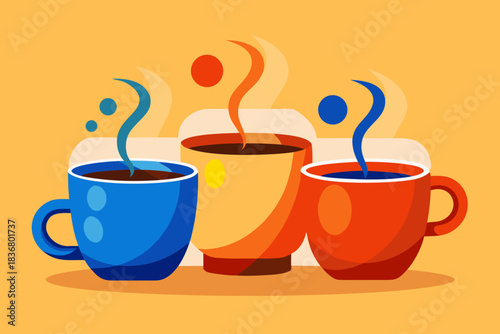 Three steaming coffee cups in vibrant colors on an orange background