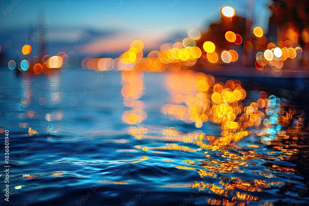 Fototapeta premium Out-of-focus city lights reflect on rippling water at dusk (1)