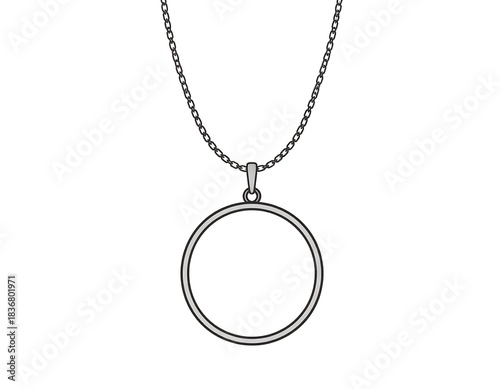 Line-drawn grayscale image of a simple pendant with a circular frame and chain