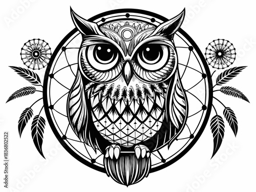 Intricate owl design with dreamcatcher and feathers
