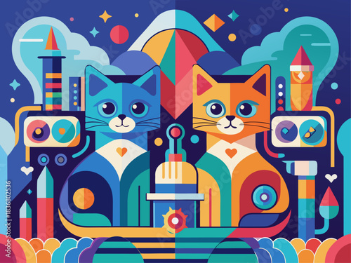 Whimsical geometric cats in a colorful abstract landscape