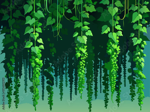 Lush green hanging vines and leaves in a dark forest canopy