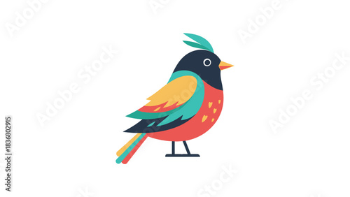 A vibrant, stylized illustration of a small bird with colorful plumage, featuring a black head, yellow wing, and red body, on a white background.