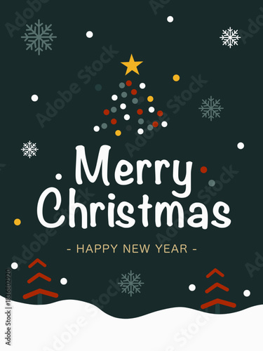 Merry christmas happy new year greeting card with ornament tree, snow flower. Color green, red, white and gold