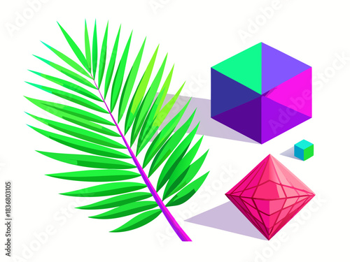 Vibrant isometric composition of a palm leaf gemstone and cubes