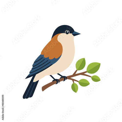 A charming cartoon bird with a black head, brown back, and blue wings perches on a leafy branch.