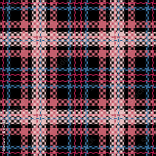 A bold plaid featuring black blocks blended with pink and blue stripes for a striking contrast.