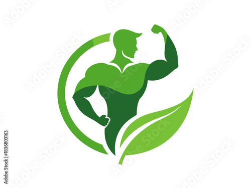 Green fitness and health logo with muscular man and leaf