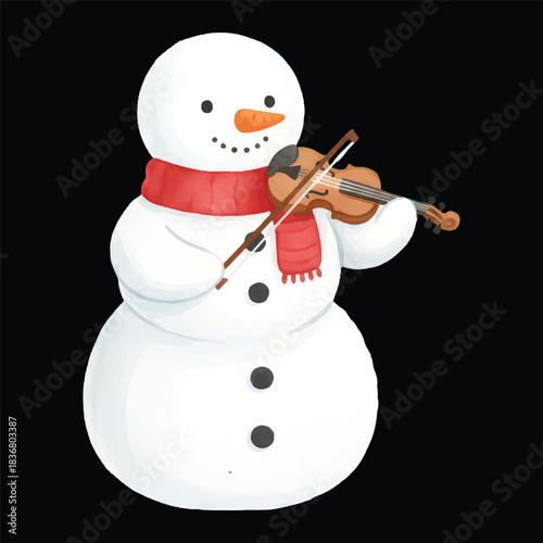 Cute snowman playing violin vector watercolor illustration, isolated winter cartoon character
