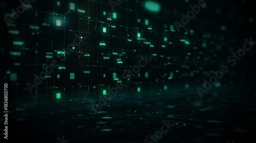 Futuristic digital matrix background with glowing data nodes and cyber network lines representing big data, cybersecurity, information flow, and virtual technology systems.
