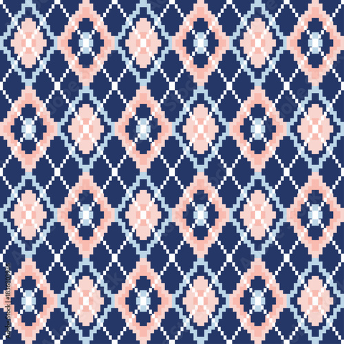 Classic argyle pattern with pink and blue for fabric print, wallpaper background, pixeled, seamless pattern, repeat pattern, creative, abstract, knitting