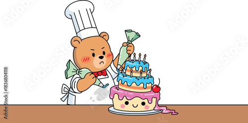 Cute bear chef decorating cake, cartoon bakery illustration, birthday dessert, sweet pastry art, cooking character, pastry shop concept, cake decoration, cartoon