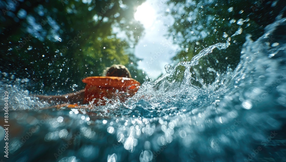 Fototapeta premium Person with orange float swimming through sunlit, splashing water