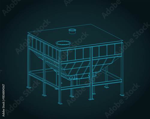 Industrial storage bunker for bulk materials isometric blueprint