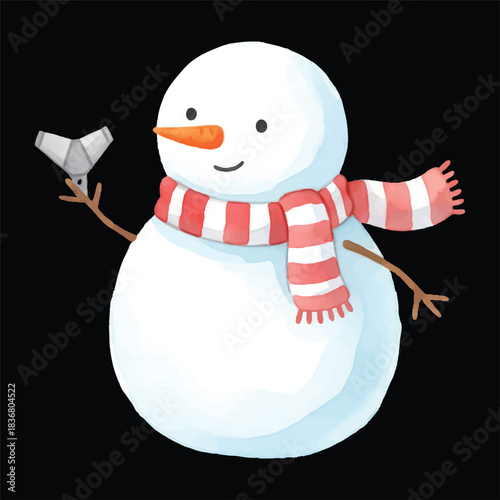 Cute snowman assembling model kit vector watercolor illustration, isolated winter cartoon
