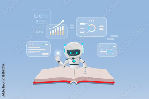 AI chat robot reading and analyzing book. Artificial Intelligence as smart assistant for student to summarize and conclusion of the study book. Machine learning, Education technology. Vector.