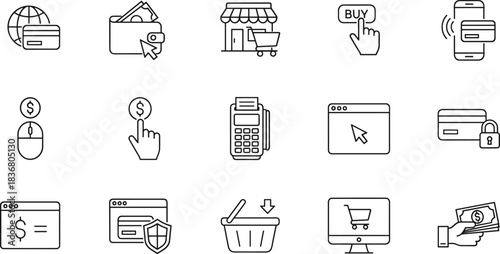 E-commerce and Online Shopping Line Icons Set, Digital Marketing, Retail, Payment, Internet Store, Basket, Buy Button, Credit Card, Checkout, Security, Vector.