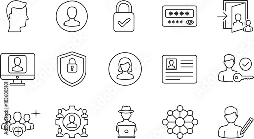 User Account and Profile Line Icons Set, Authentication, Login, Password, Identity, Avatar, ID Card, Security, Access, Person, Verified, Vector.