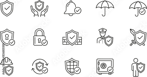 Security and Protection Line Icons Set, Shield, Lock, Insurance, Safety, Privacy, Cyber Defense, Firewall, Safe Deposit, Guard, Home, Vector.