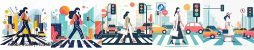 VECTOR WOMAN CROSSING THE ROAD WHITE BACKGROUND FLAT DESIGN