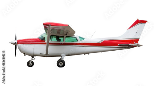 Red and white single engine propeller plane, general aviation. isolated on transparent background
