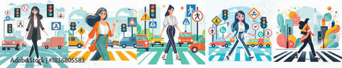 VECTOR WOMAN CROSSING THE ROAD WHITE BACKGROUND FLAT DESIGN