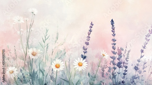 Soft Pastel Floral Background with Daisies and Lavender in a Serene Natural Setting of Gentle Colors