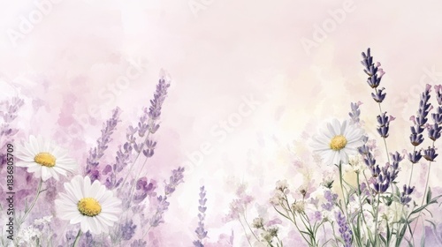 Pastel Floral Background with Lavender and Daisy Flowers in Soft Watercolor Style