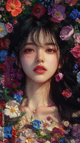 Woman in Floral Background Surrounded by Colorful Flowers with Soft Natural Makeup and Long Dark Hair