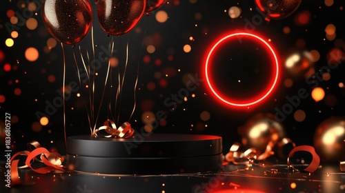 Festive Decorations with Red Balloons and Glittering Confetti on Dark Background for Celebration Events