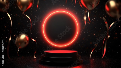 Futuristic Stage with Circular Neon Light Surrounded by Golden Balloons and Shiny Ribbons in Celebratory Atmosphere