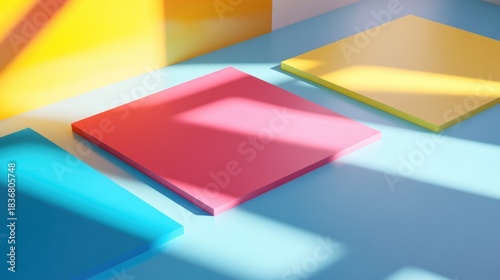 Vibrant Geometric Shapes in Bright Indoor Environment with Colorful Background and Shadows Play