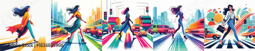VECTOR WOMAN CROSSING THE ROAD WHITE BACKGROUND FLAT DESIGN