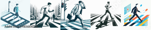VECTOR OF A MAN CROSSING THE ROAD WITH A WHITE BACKGROUND