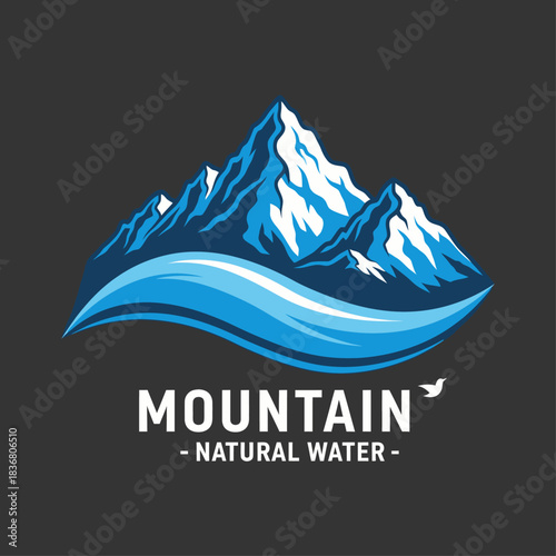 Vintage Mountain Natural Water Bottle Label - Blue Vector Emblem